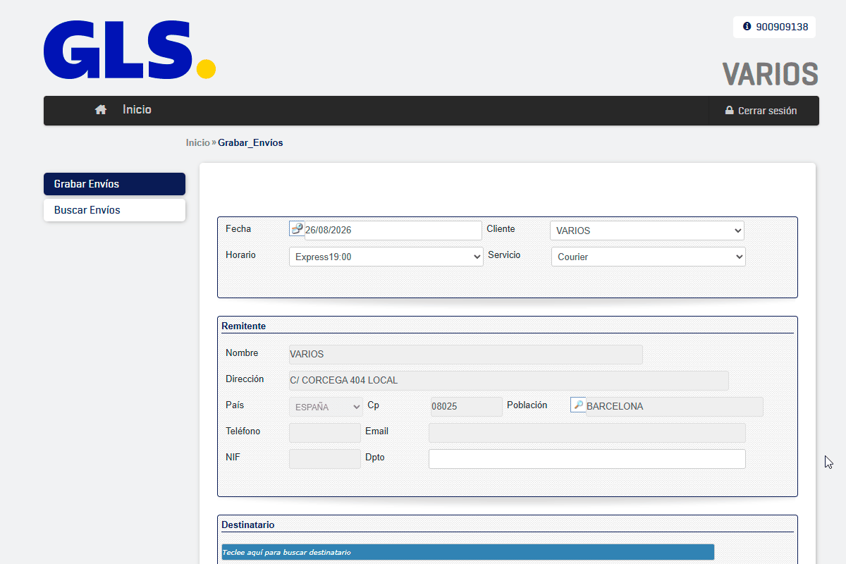 Página de acceso de la Extranet de GLS