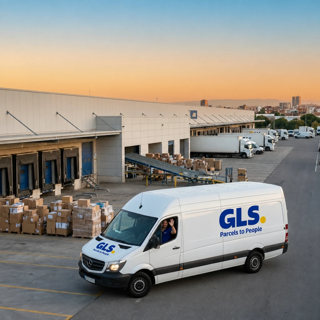 Furgoneta de reparto GLS de ENVIALOG en una plataforma logística, con muelles de carga, camiones y palés
